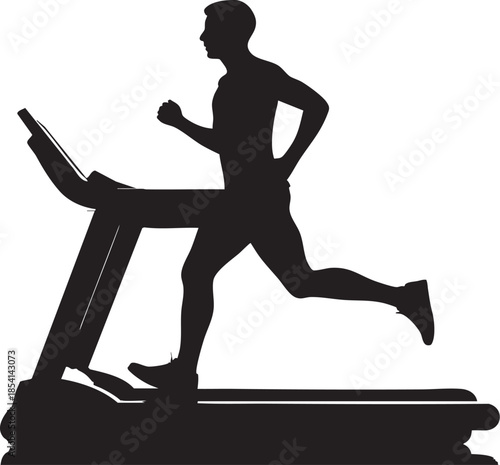 Silhouette of athletic man running on treadmill in black and white, cardio workout against a stark bright background