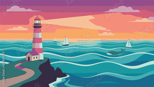 Lighthouse on a cliff overlooking the ocean with sailboats and whale at sunset.