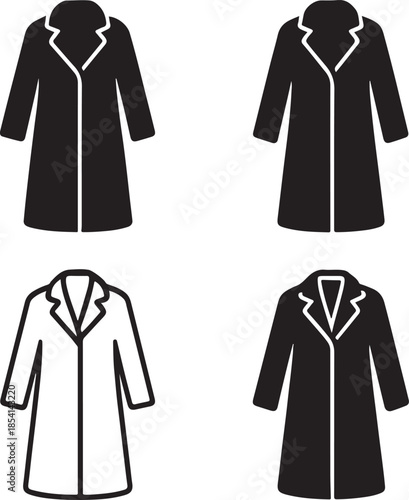 Winter Coat Silhouette, long winter coat shape, cold weather outerwear design, fashion apparel icon, solid black silhouette, outline filled vector, isolated white background