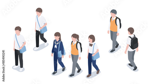Isometric vector illustration of diverse school students walking to class