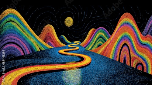 A vibrant, abstract landscape features colorful hills and a winding path under a bright moon, creating a whimsical and dreamlike atmosphere.