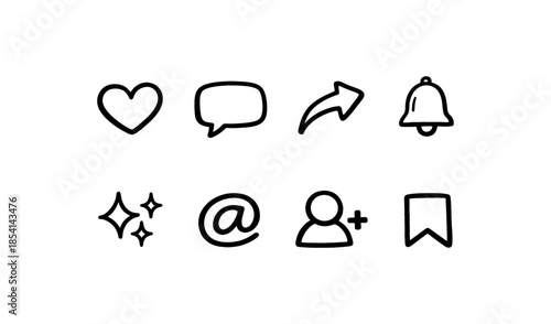 Hand-drawn social media icons for likes, comments, shares, notifications, and more