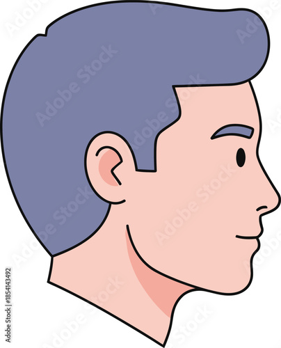 Side view portrait illustration of a young man with bluegray hair, simple cartoon style