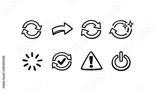 Collection of hand-drawn icons for refresh, loading, warning, and power functions