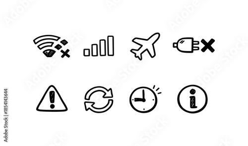 Collection of hand-drawn icons representing common digital and travel symbols