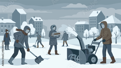 People performing winter chores like snow removal and carrying firewood