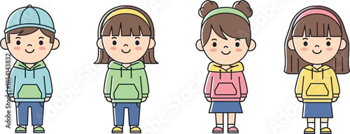 Group of four cute cartoon children wearing colorful hoodies and standing together