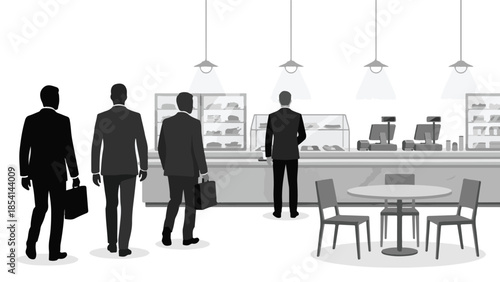 Businessmen in a corporate cafeteria, minimalist grayscale illustration