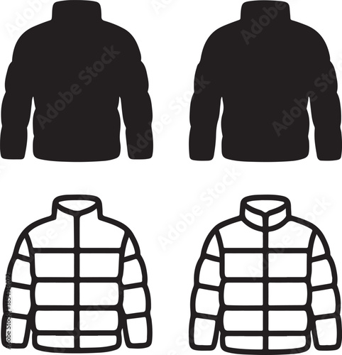 Puffer Jacket Cut Silhouette, padded winter jacket shape, warm outerwear design, fashion clothing cut, solid black silhouette, outline filled version, minimal vector, isolated white background