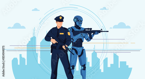 Police officer and futuristic robot standing side by side with weapons in front of a blue city skyline silhouette.