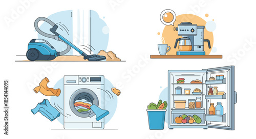 Flat vector illustration collage of common household appliances including a vacuum, coffee maker, and refrigerator.