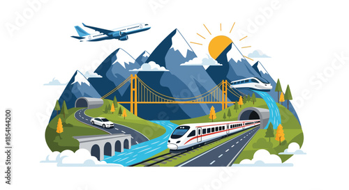 Transportation landscape showing a passenger plane a car a high speed train and a bridge over a river in mountains.