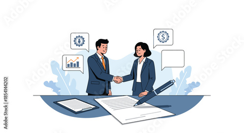 Professional man and woman in business suits shaking hands over a signed contract document on a blue office desk.
