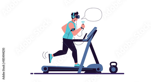 Active man wearing a virtual reality headset and fitness trackers while running on a treadmill in a workout gym.