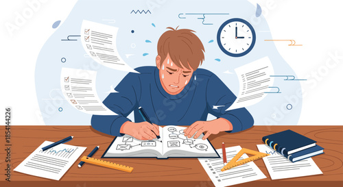 Overwhelmed male student working late at a wooden desk surrounded by many papers books and a clock showing time.
