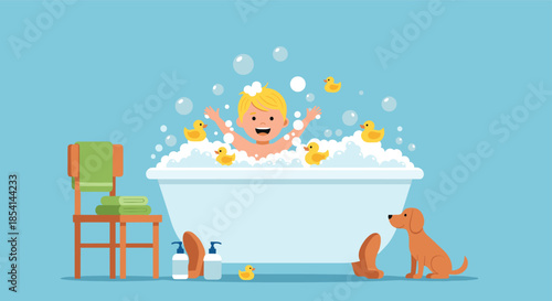 Happy little boy playing with yellow rubber ducks in a bathtub full of white soap bubbles and a dog watching nearby.