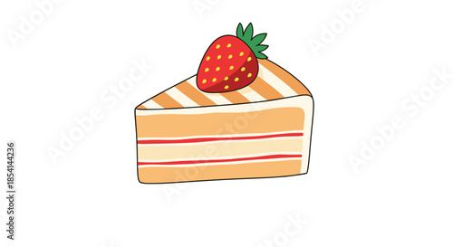 Delicious slice of layered sponge cake with cream and red jam filling topped with a single fresh whole strawberry.