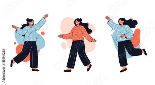 Group of three happy young women in casual clothes shown in different joyful and energetic poses on a plain background.