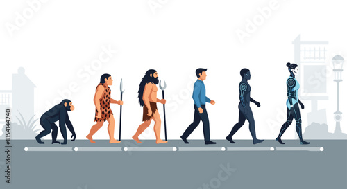 Evolution of human history from ape to primitive man to modern human to cyborg and finally a futuristic robot woman.