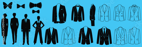 tuxedo icon vector set, dinner jacket illustration sign collection, suit symbol or logo design for formal wear, fashion branding, wedding events, and elegant outfit concepts.