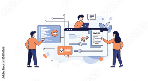 Collaborative business team working together to manage digital invoices and company data on a large web interface.