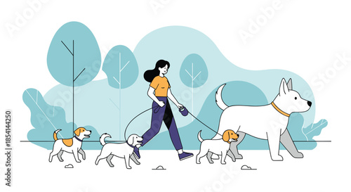 Young woman walking a group of four diverse dogs on leashes through a beautiful green park with stylized trees.