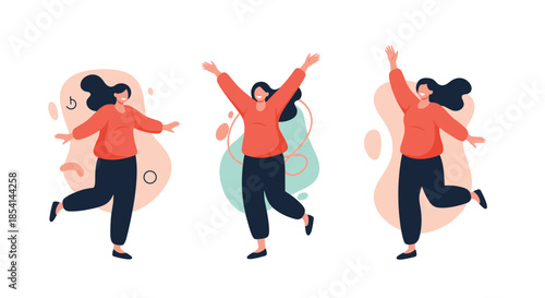 Illustration of three cheerful women with long dark hair dancing and celebrating in joyful poses on a light background.