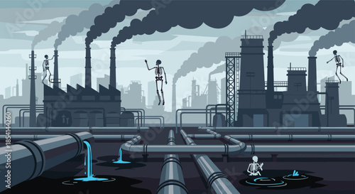 Dystopian industrial landscape with smoking factory chimneys and skeletons appearing in a polluted environment.