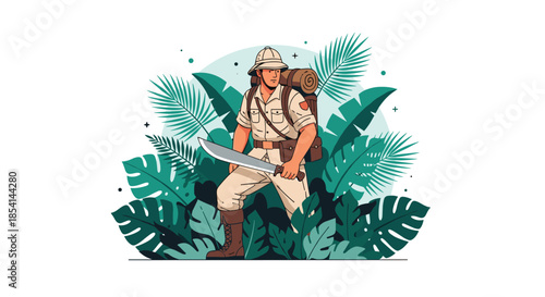 Brave jungle explorer wearing a pith helmet and holding a large machete while walking through tropical foliage.