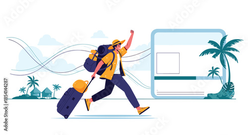 Excited male traveler with a backpack and a rolling suitcase running towards a tropical beach holiday destination.