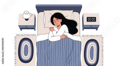Young woman sleeps peacefully in her cozy bed during the night with a digital alarm clock showing midnight on the nightstand.