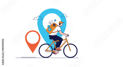 Male delivery courier riding a bicycle with a large orange backpack in front of giant map location pin symbols.