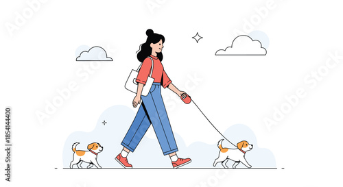 Stylish young woman walking her two cute small dogs on a leash against a minimal background with clouds and stars in the sky.