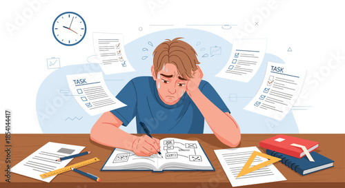 Overwhelmed male student feeling stressed while studying for exams with a desk full of textbooks, pencils, and task lists.
