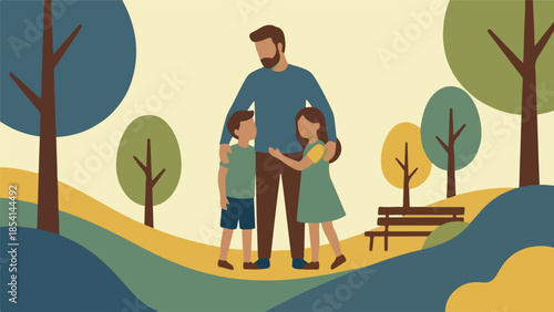 Father with Two Children Enjoying Nature in a Park Illustration