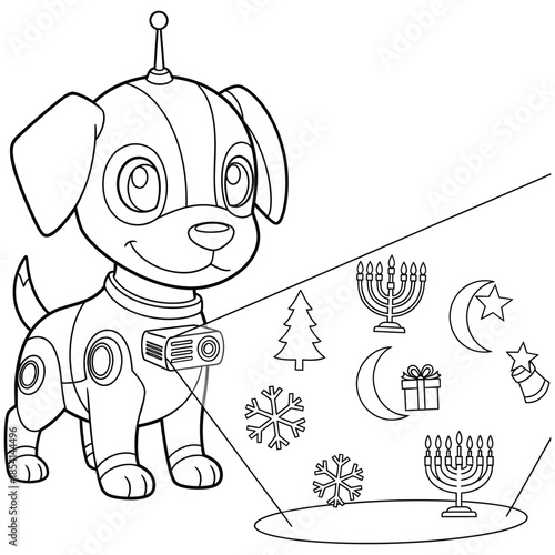 Cute Robot Dog with Holiday Symbols – Futuristic AI Pet Illustration for Coloring and Tech-Themed Art
