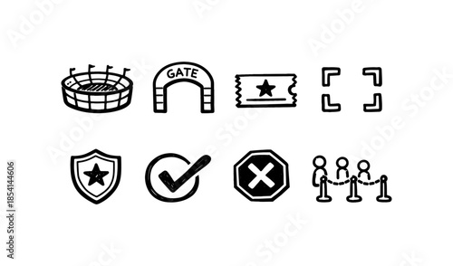Collection of hand-drawn icons representing event access and security elements