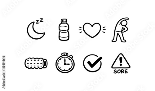 Doodle icons representing healthy lifestyle elements like sleep, hydration, and exercise