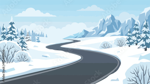 Winding road through a snowy winter mountain landscape with pine trees
