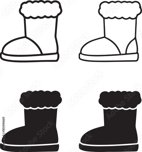 Fur Lined Boots Silhouette, cozy fur winter boots, warm inner lining footwear, cold weather shoes, solid black silhouette, outline filled vector, minimal fashion style, isolated white background