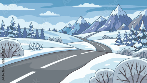 Winter landscape with winding road, snow-capped mountains, and pine trees