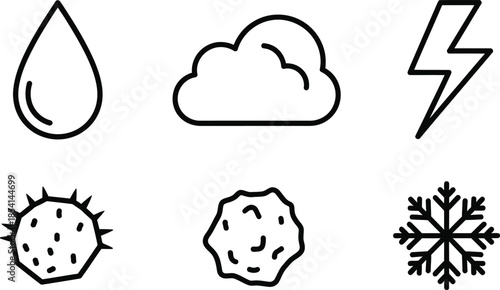 Solid black outlines of neat raindrop cloud lightning bolt hail snowflake weather set