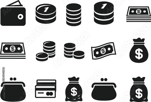 Solid black neat icons of neat wallet coin bill purse card money finance set