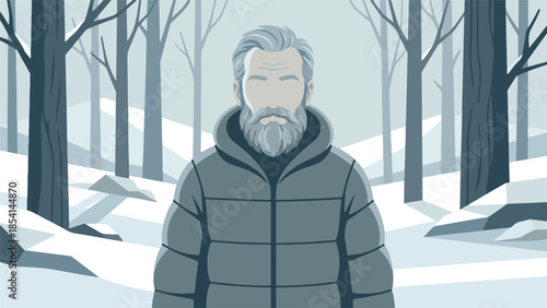 Minimalist illustration of a bearded man in a winter forest