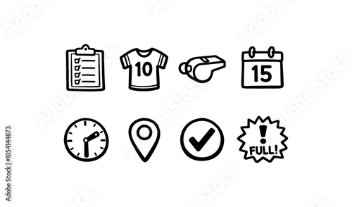 Collection of hand-drawn icons representing sports and event planning elements