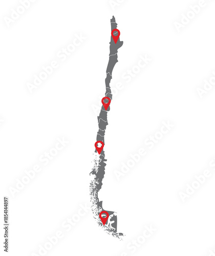 Chile Map with Location Pins Isolated on White Background