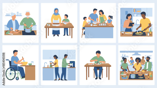 Illustrations depicting diverse groups and individuals cooking and eating
