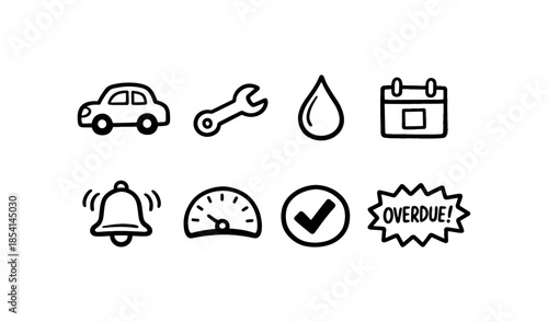 Collection of hand-drawn icons representing car maintenance, alerts, and deadlines
