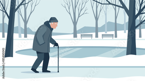 Elderly man walking with a cane through a quiet, snowy winter park