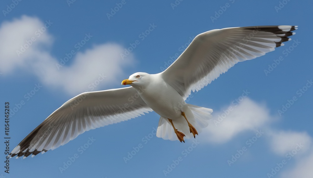 Obraz premium A white seagull in flight against a bright blue sky with fluffy white clouds